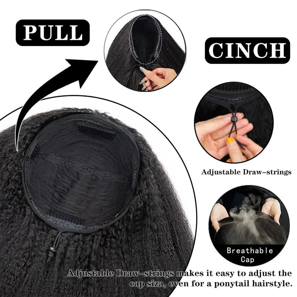 Kinky Straight 3-in-1 Half Wig Human Hair, Drawstring, 250% Density