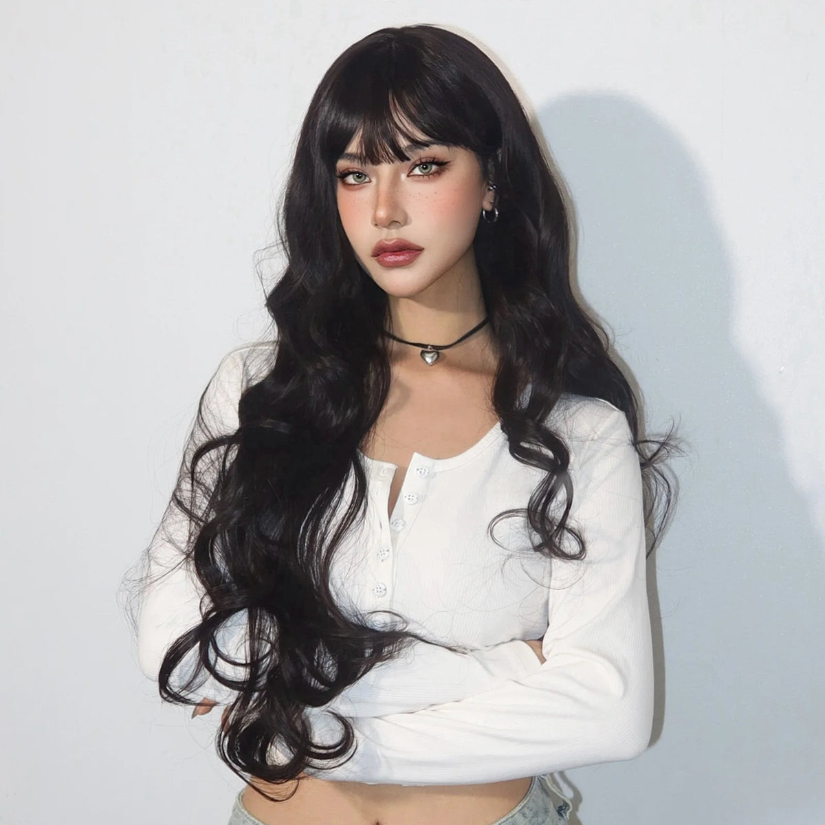 Super Long Black Wavy Synthetic Wigs Bangs Afro Dark Water Wave Halloween