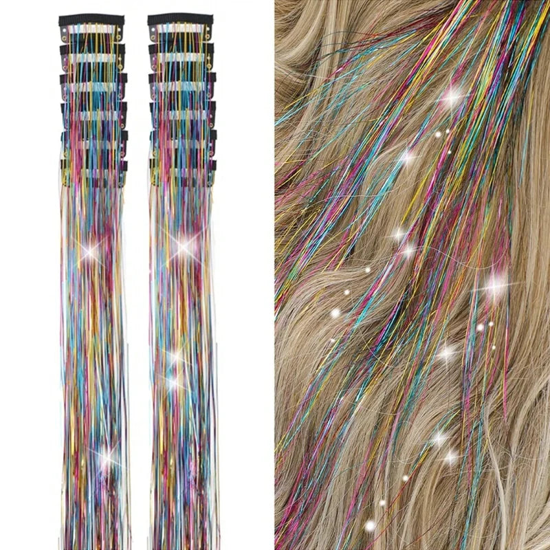 Clip-In Hair Tinsel Pack, Colorful Glitter Fairy Hair Extensions, 12 Pcs