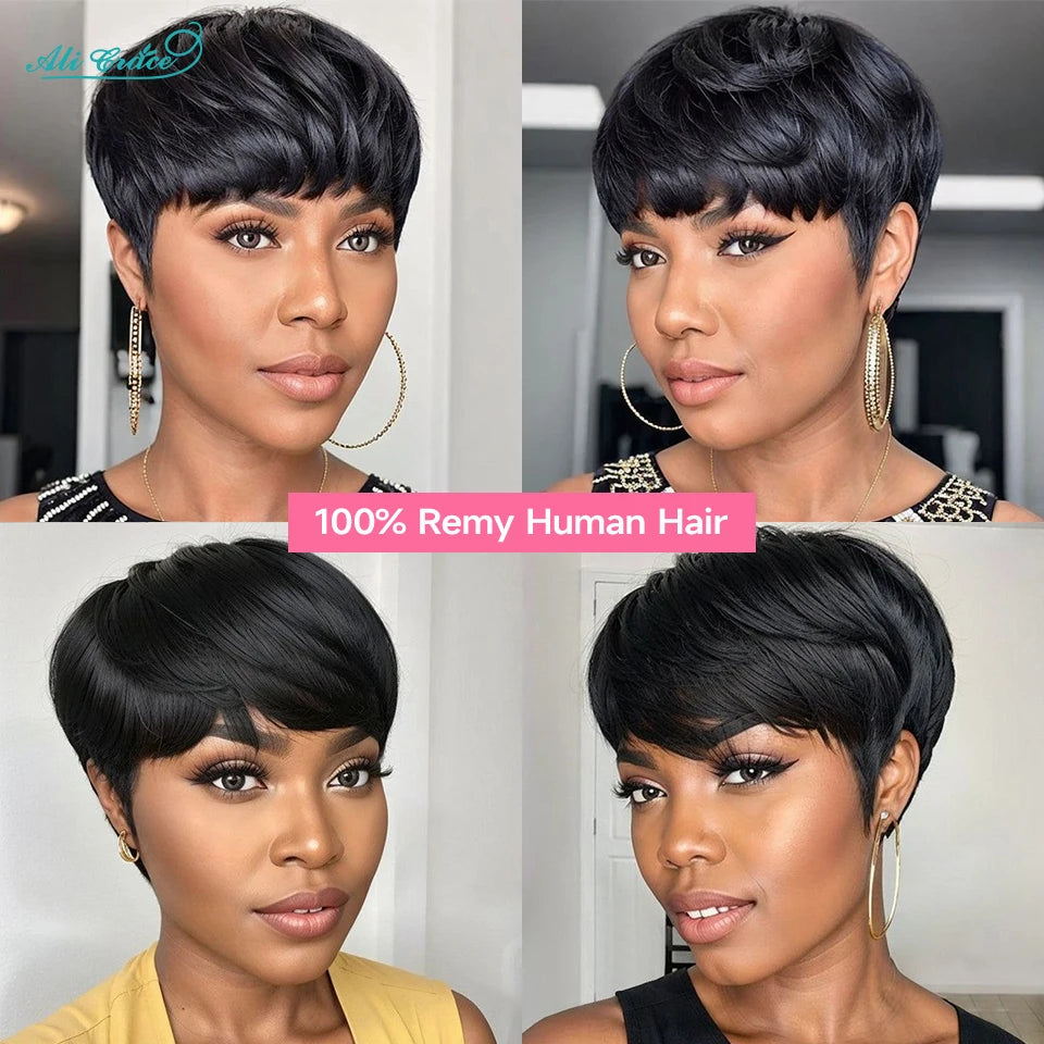 Short Bob Pixie Cut Wigs Straight Human Hair Machine Made Bangs Brazilian