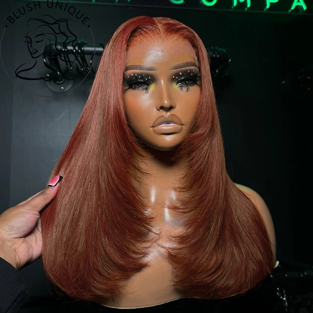 Copper Red Layered Cut Lace Front Wigs Reddish Brown Straight Frontal Glueless