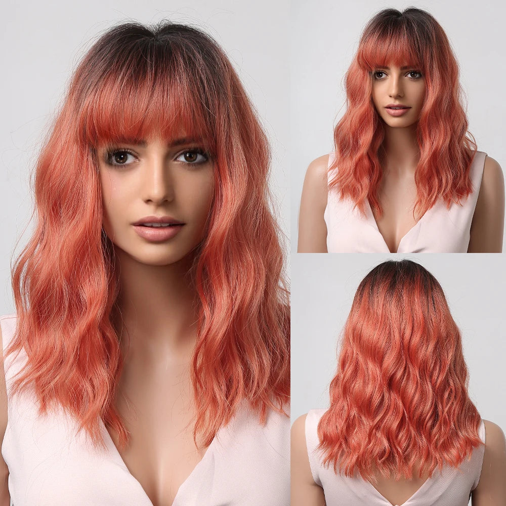 Pink BOBO Synthetic Wigs Short Natural Wave Hair Wig Party Daily High Density Heat Resistant