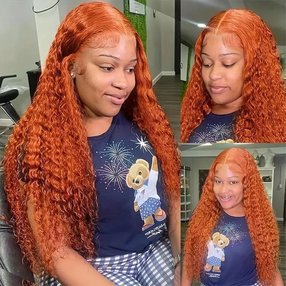 Ginger Water Wave Human Hair Wig, 13x4 Lace Front Brazilian Orange Color