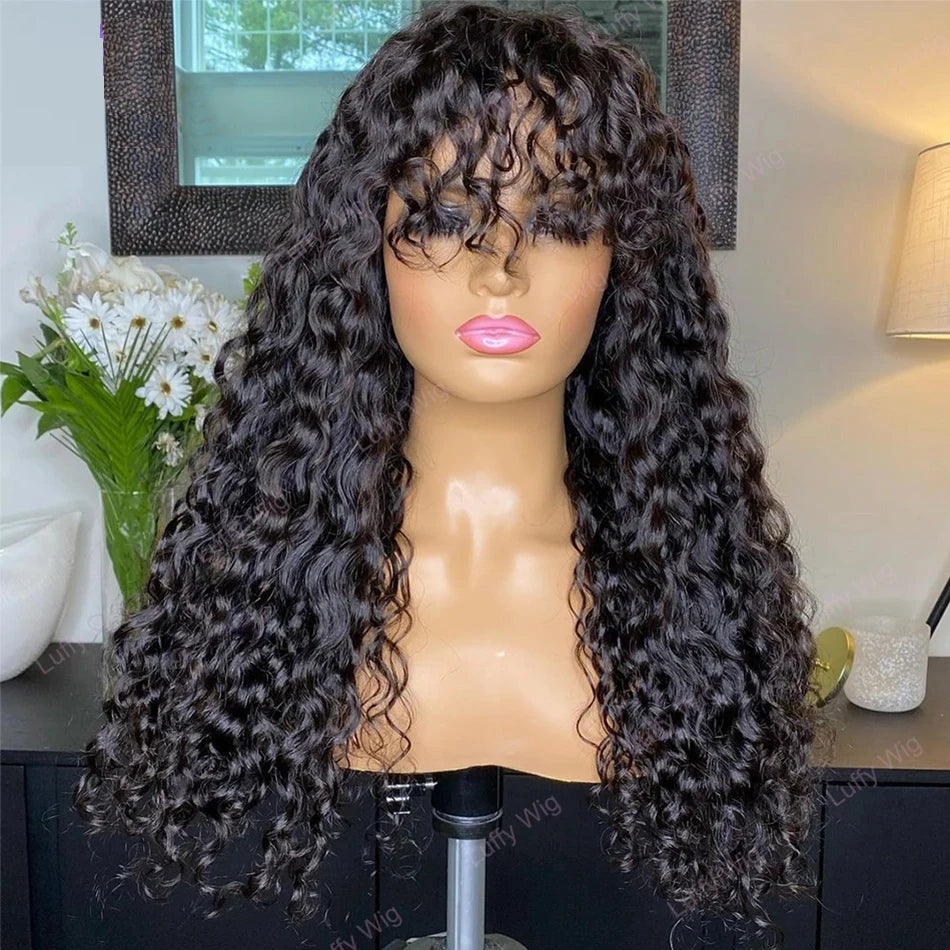 Long Water Wave Human Hair Wigs Bangs Glueless Fringe Kinky Curly Bob
