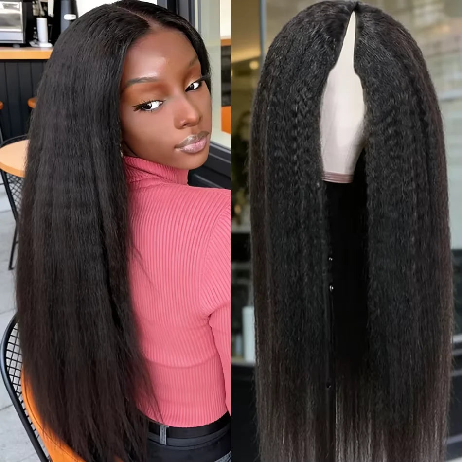 Long Kinky Straight Drawstring U Part Wigs Human Hair V Yaki Full