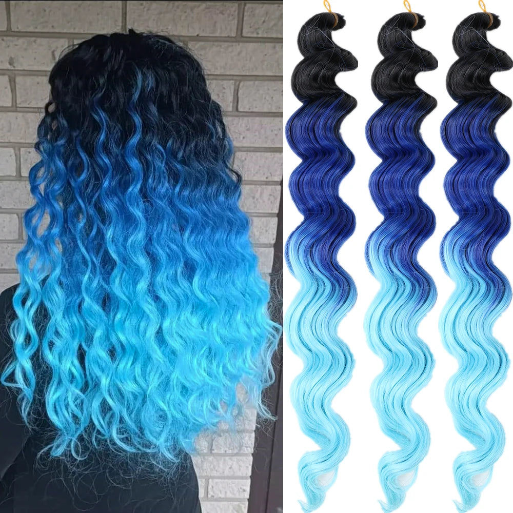 20“Deep Curly Synthetic Hair Deep Wave Bulk Crochet Braid Black Ombre Blue