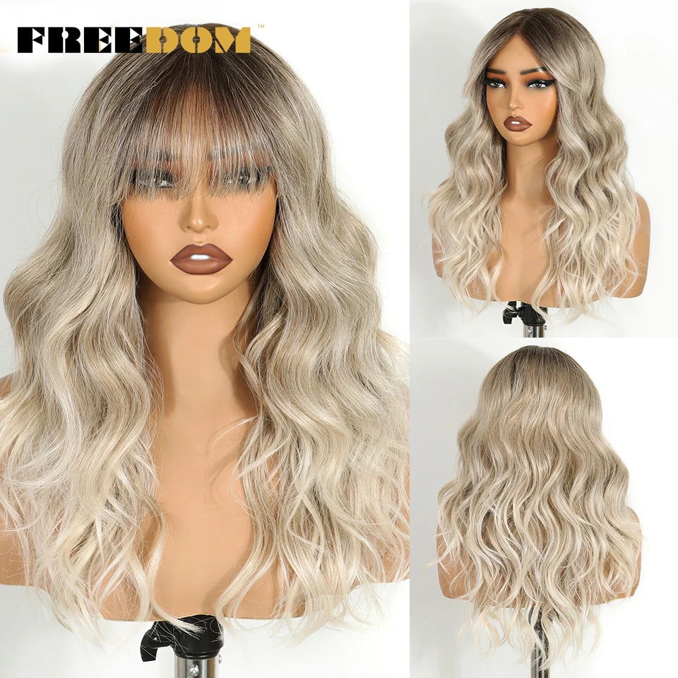Synthetic Lace Front Wigs 20" Ombre Brown Body Wave, 6x4 Bangs Heat