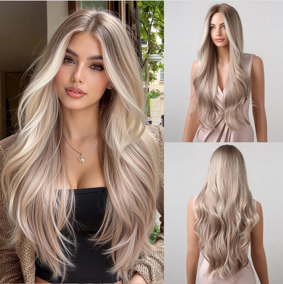 Platinum Blonde White Highlight Dark Roots Synthetic Hair Wigs Long Wavy Cosplay
