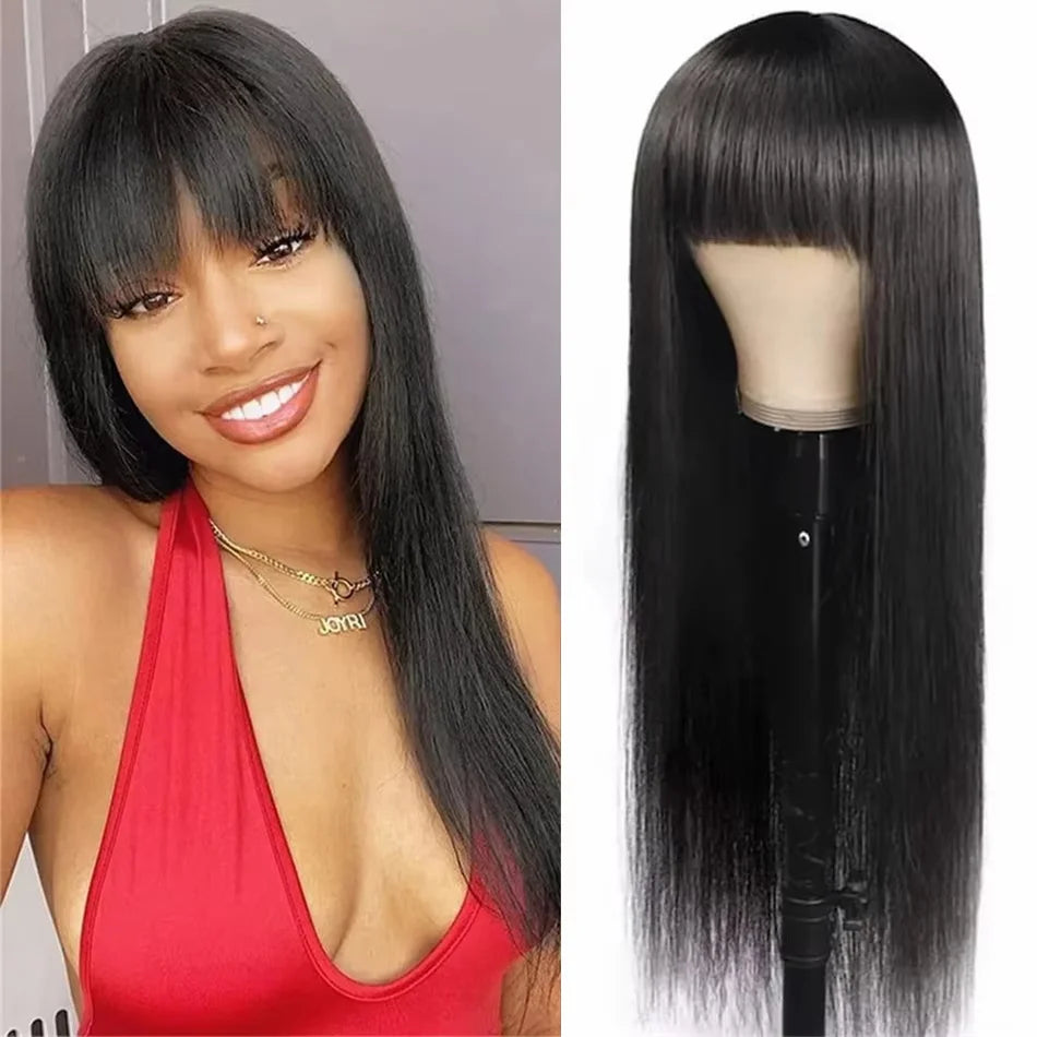 Bone Straight Human Hair Wig Bangs, 3x1 HD Lace Glueless Black Full
