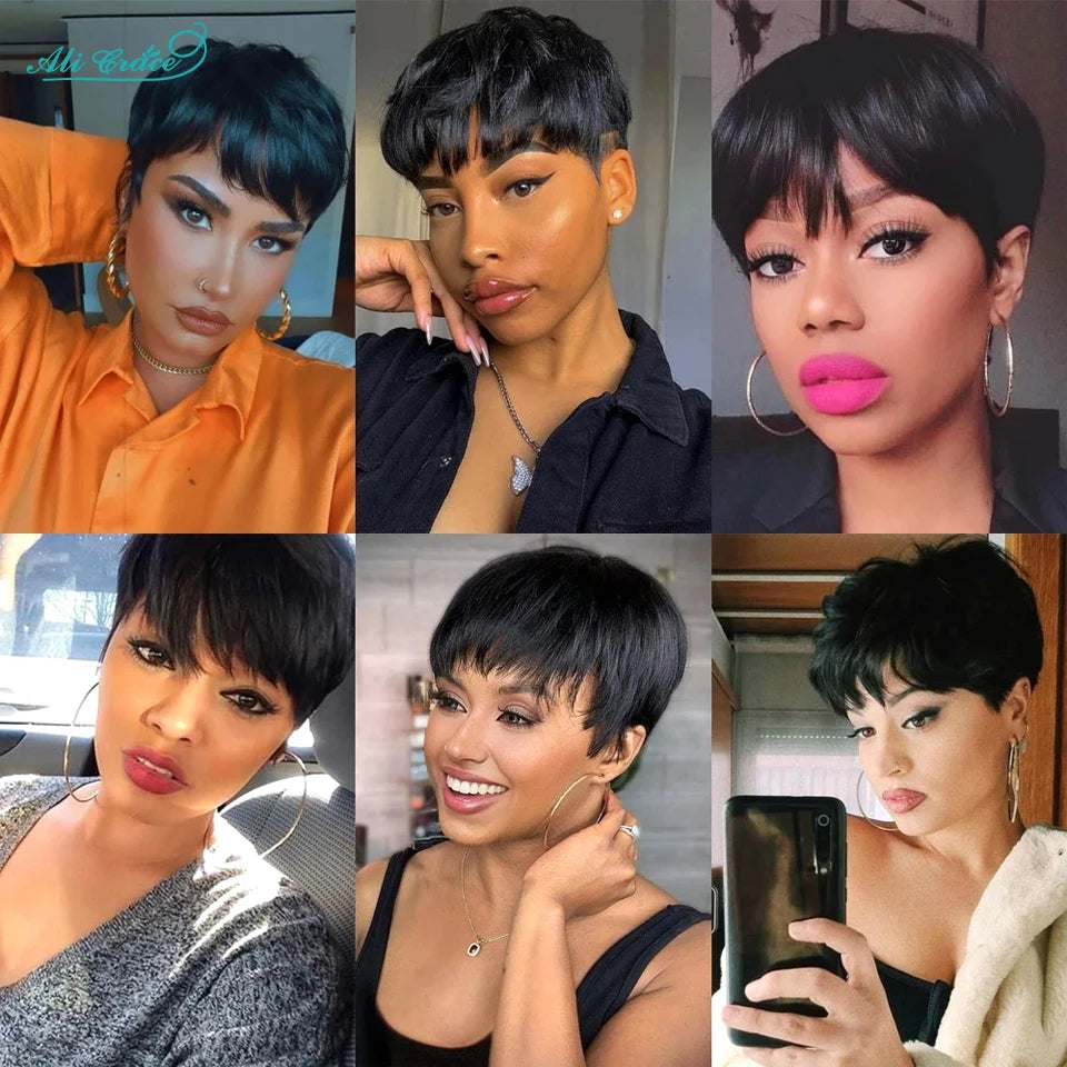 Short Bob Pixie Cut Wigs Straight Human Hair Machine Made Bangs Brazilian