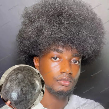 Grey Mix Black Men's Afro Tight Curly Toupee, Full PU, Indian Human Hair