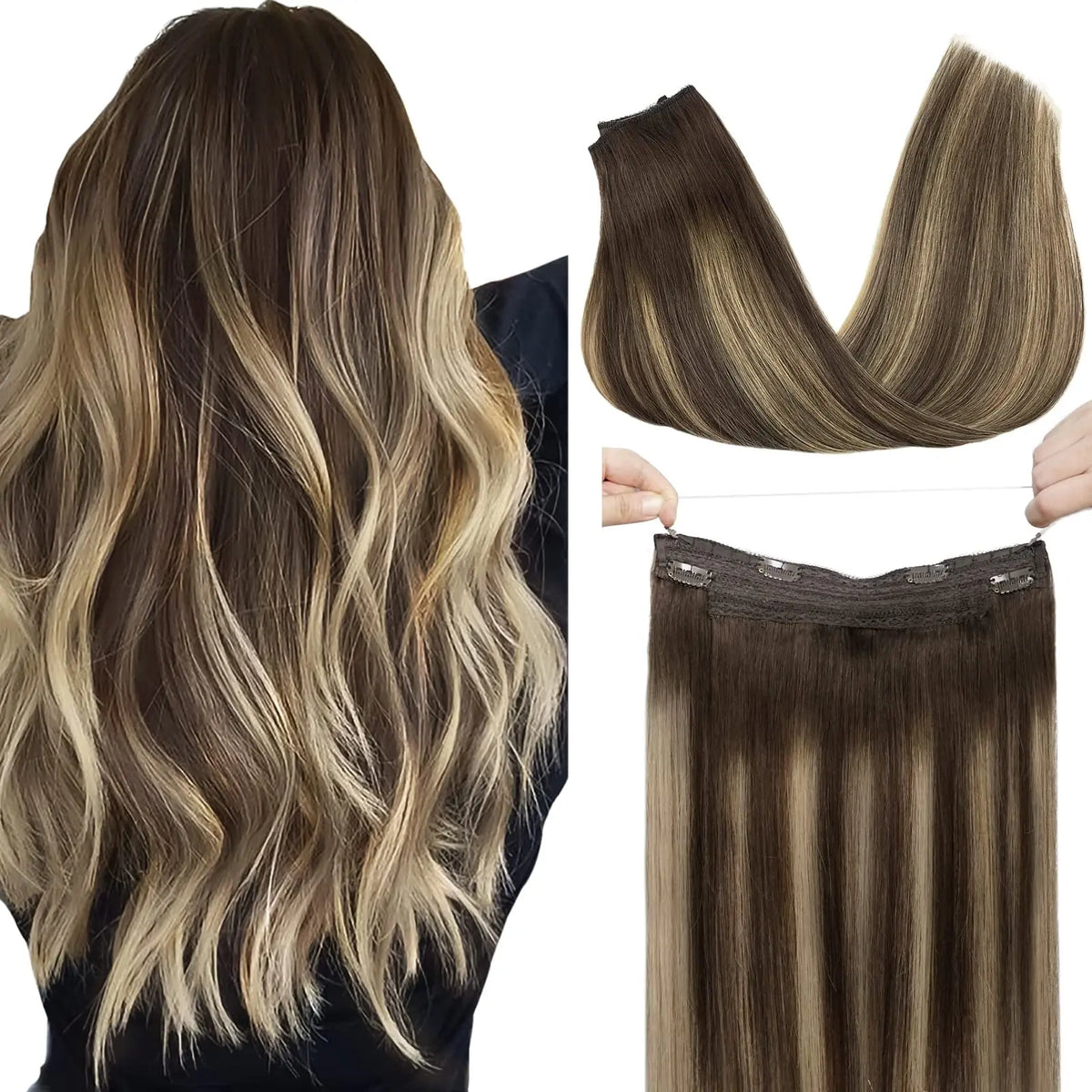 Wire in Hair Extensions Real Human Balayage Dark Brown To Chestnut Invisible