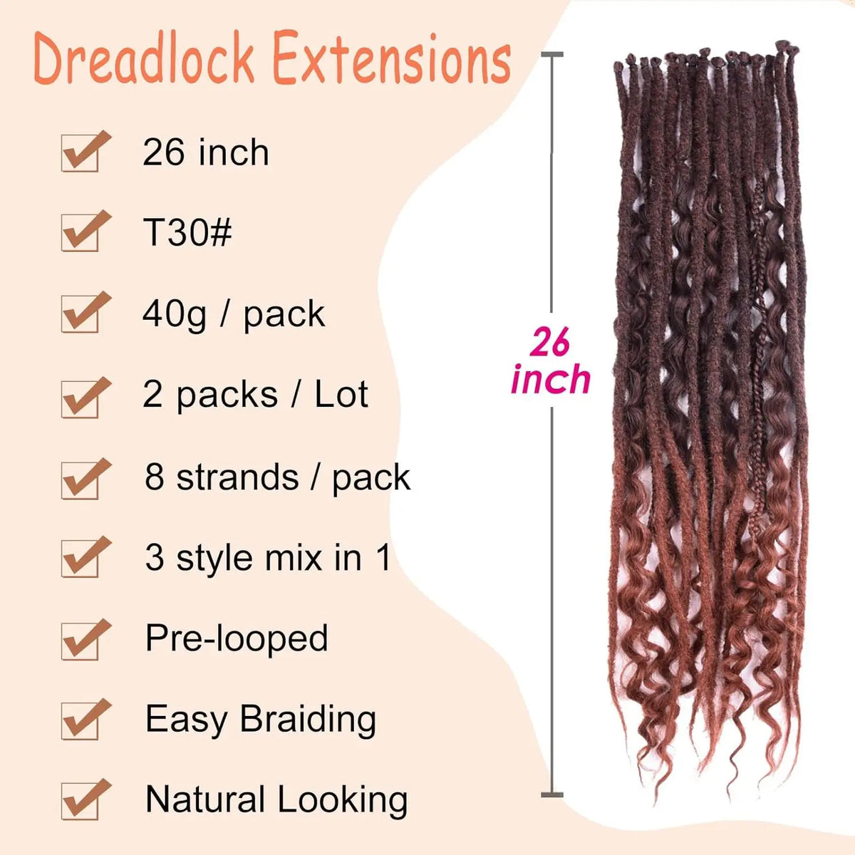 Synthetic 16Strands/Lot SE Dreadlocks Braids 24 Inch Hair Extensions, 3 In 1 Mixed Hippie Style Single End Dreadslocks
