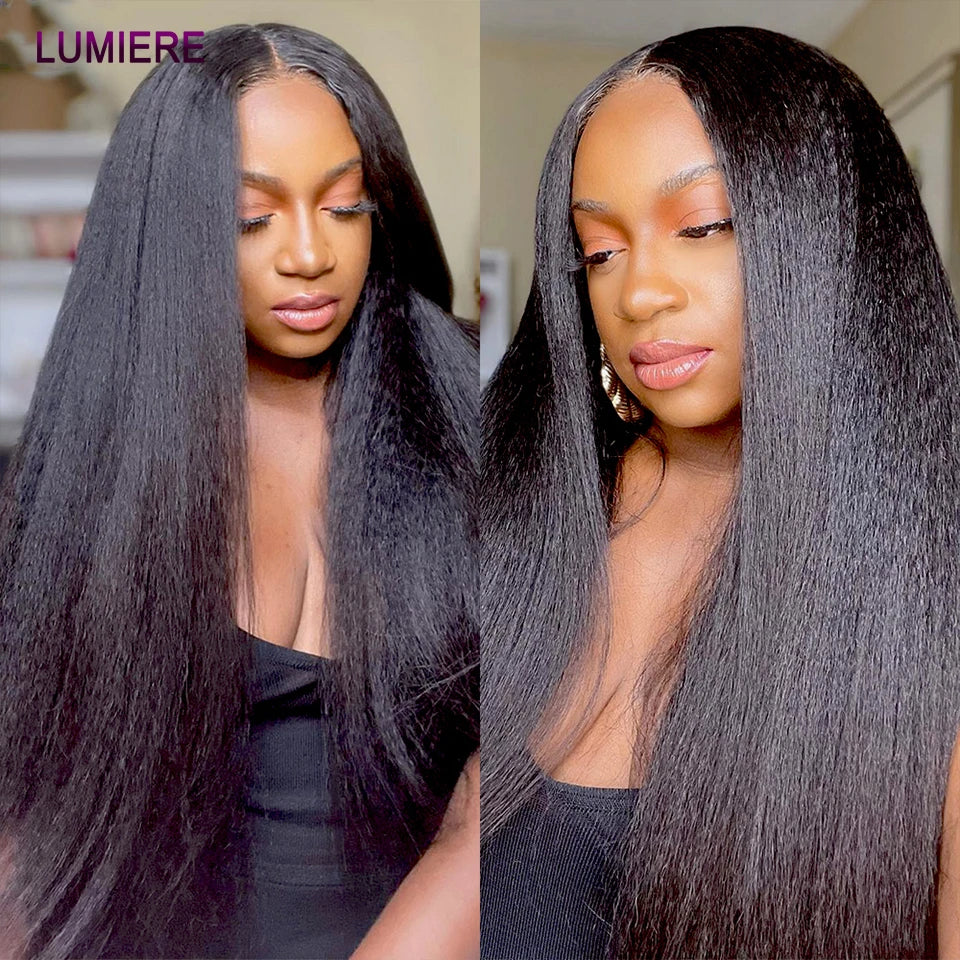 Kinky Yaki Straight Human Hair Bundles Closure Frontal HD Transparent Brazilian Deep