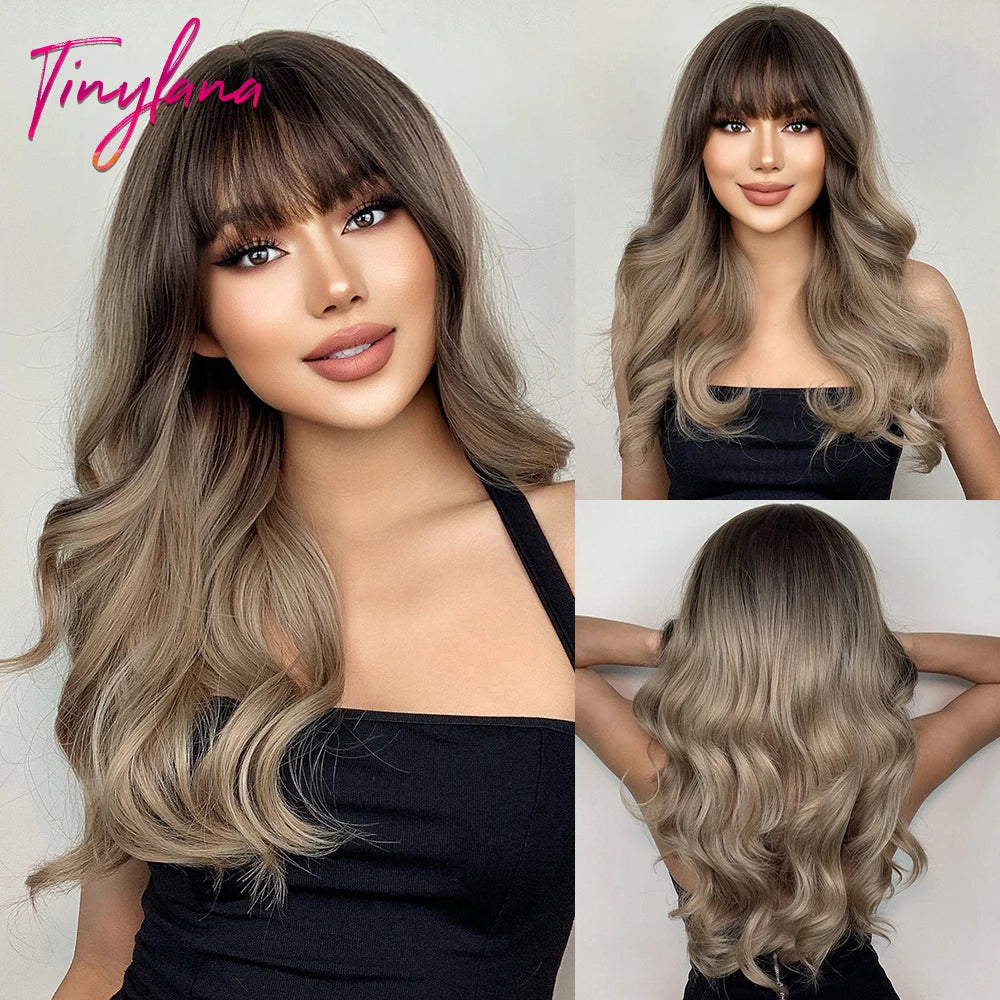 Super Long Black Wavy Synthetic Wigs Bangs Afro Dark Water Wave Halloween