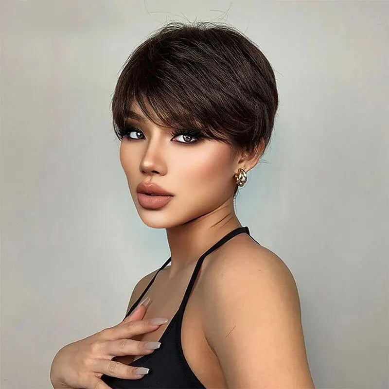 Short Brown Wig Human Hair Pixie Cut Chocolate Duby Full Machine