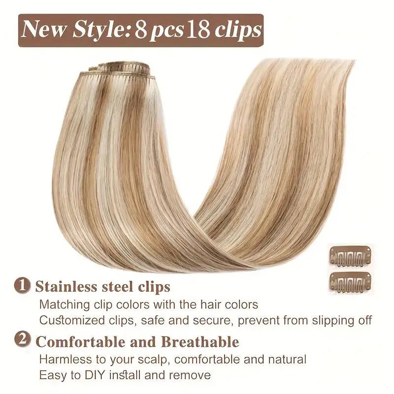Clip in Hair Extensions, 100% Real Human P8/613 Color Brown Highlight Blonde