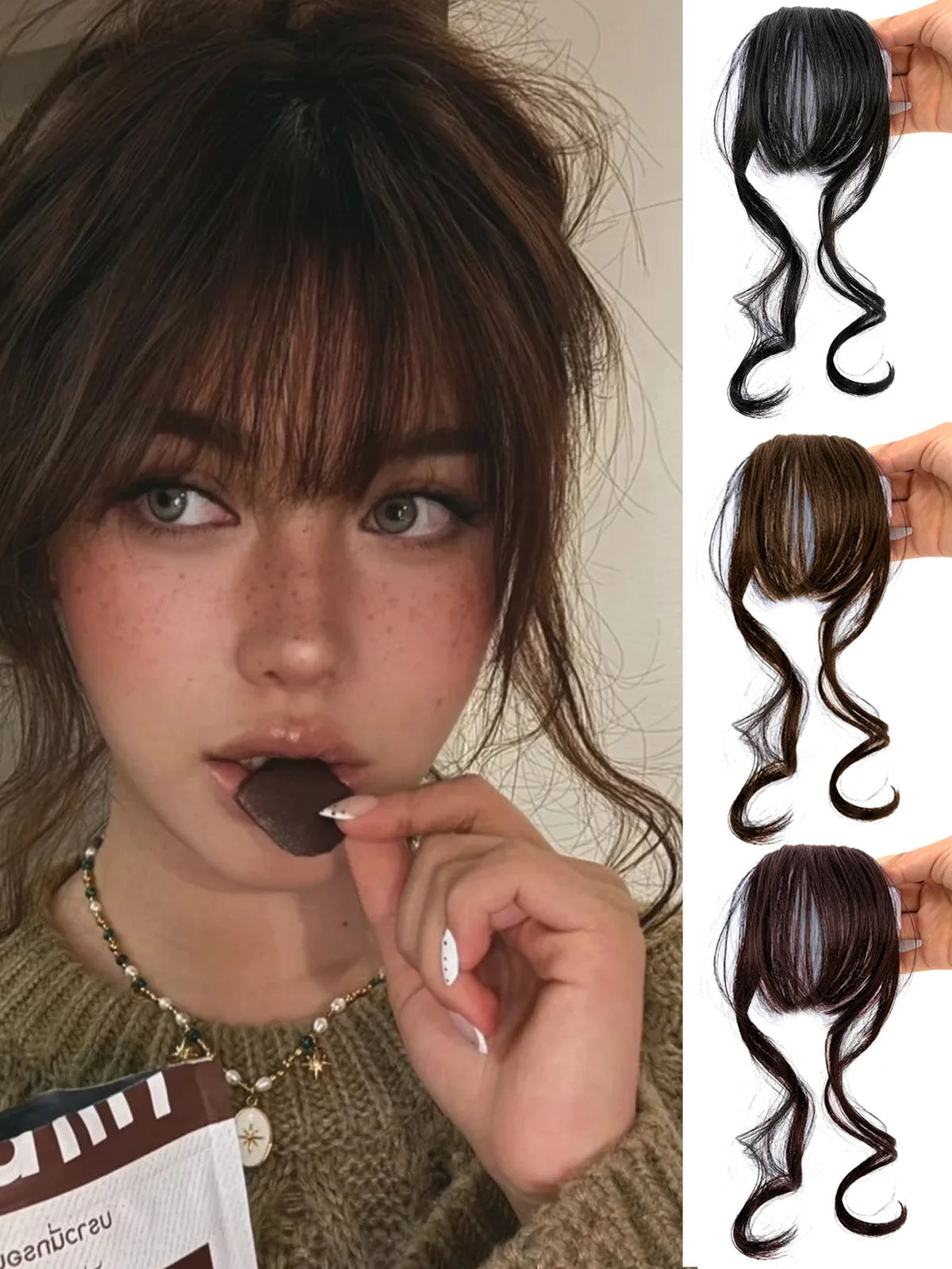 Natural Forehead Hairline Clip On Bangs Curl Air Synthetic Hairpiece Front Neat