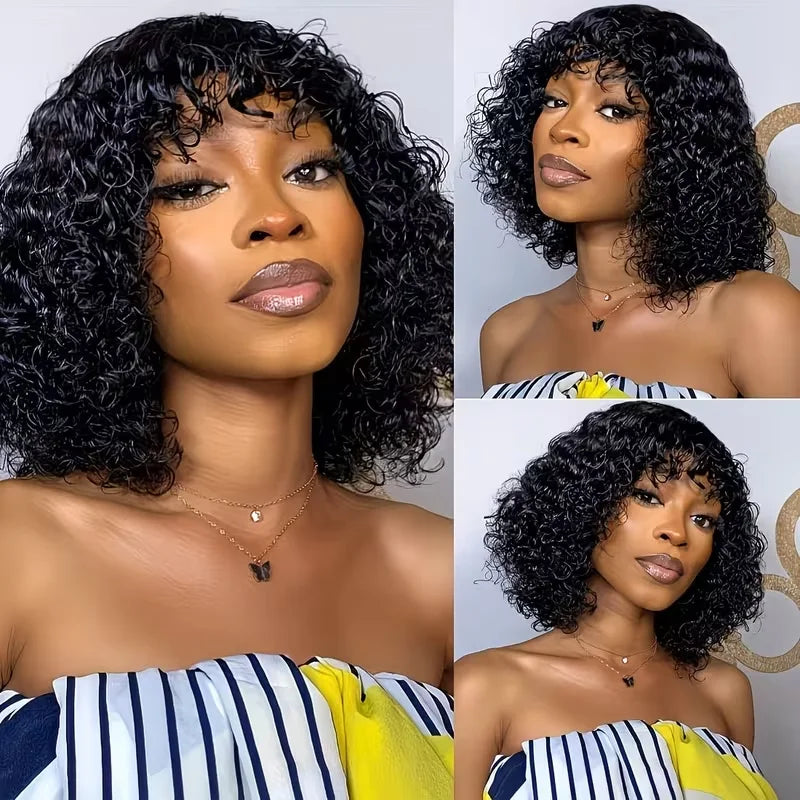 210% Density Curly Human Hair Wigs Bangs Glueless Short Bob Machine Made