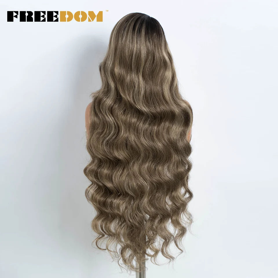 36" Long Wavy Synthetic Lace Front Wigs Ombre Brown Blonde Body Wave