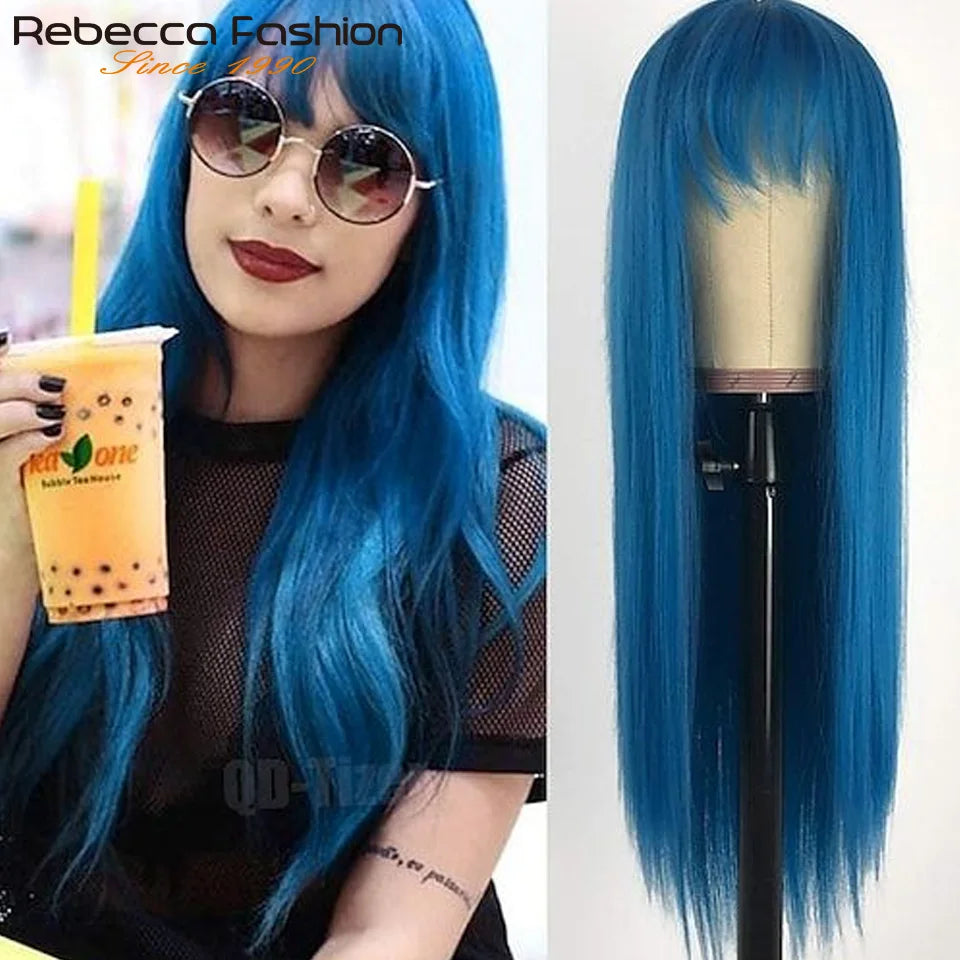 Brazilian Straight Human Hair Wigs Bangs Burgendy Put On Go, 100% Remy