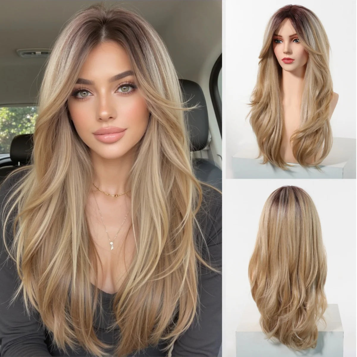 Platinum Blonde White Highlight Dark Roots Synthetic Hair Wigs Long Wavy Cosplay