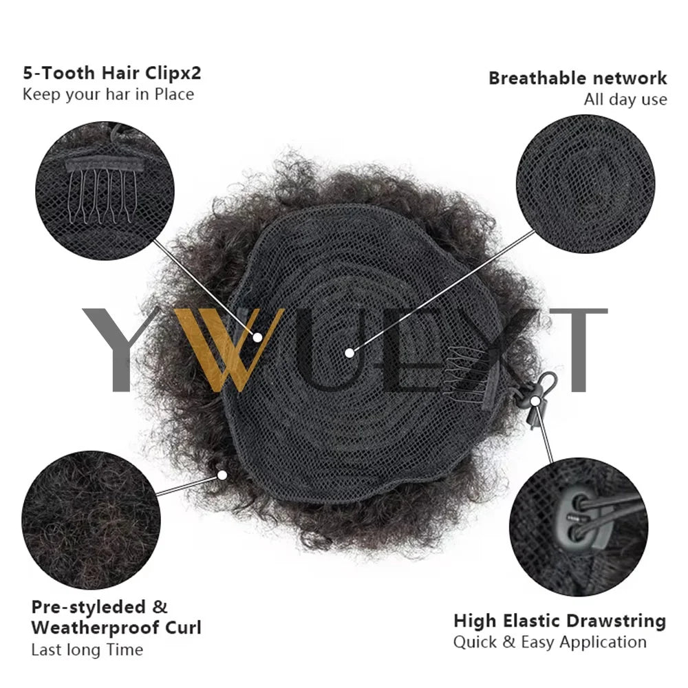Afro Puff Ponytail 4-6 Human Hair Extensions Clip On Kinky Drawstring Curly