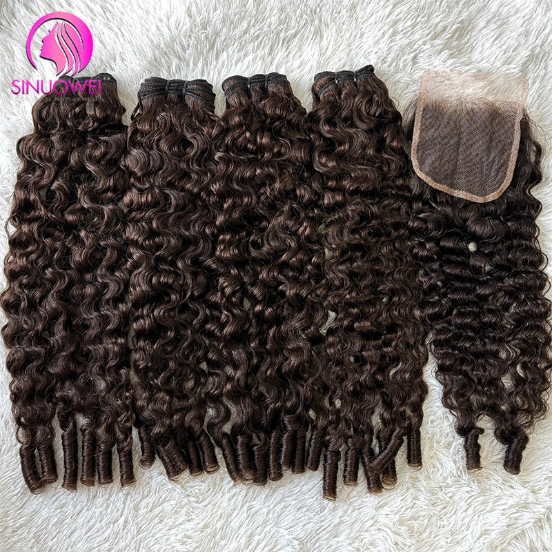 Chocolate Brown Burmese Curly Bundles with 13x4 Transparent Lace Frontal Closure
