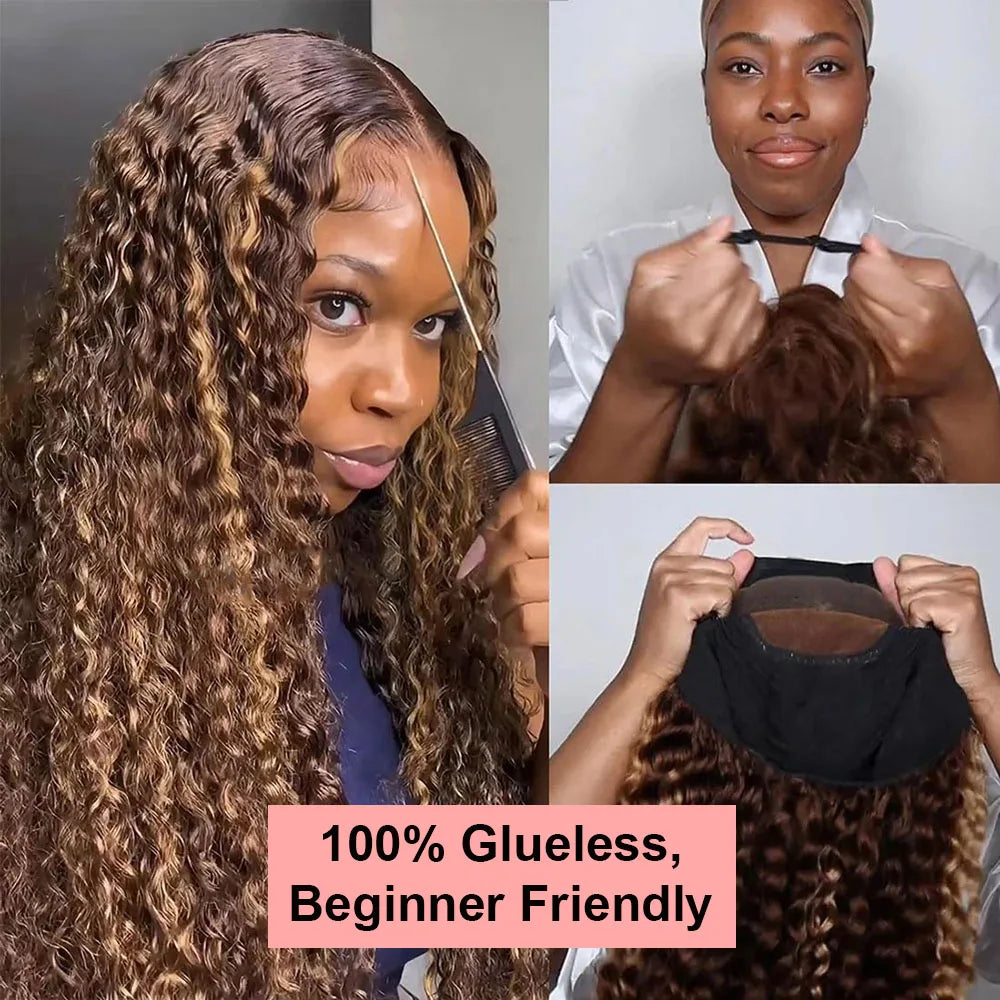Honey Blonde Curly Wigs, 13x6 Glueless Highlight Human Hair Ready To Wear