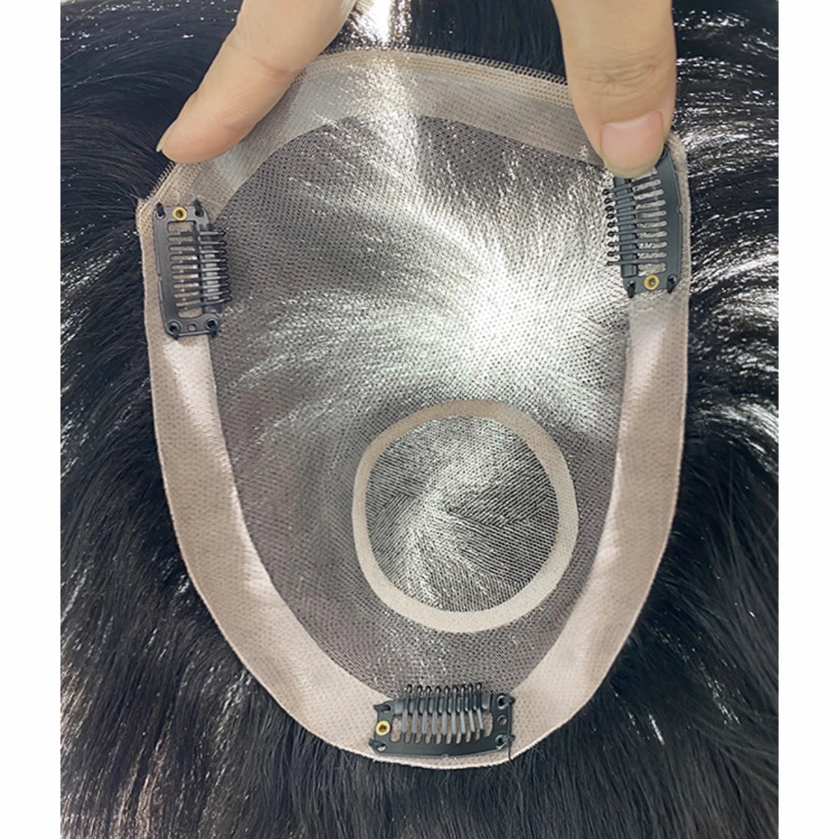100% Human Hair Toupee Mono Top PU Sides Lace Mesh Clips Hand