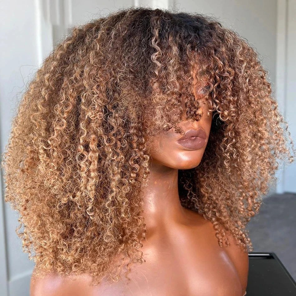 Chocolate Brown Afro Kinky Curly Hair Short Bob Wig Ombre, 100% Human