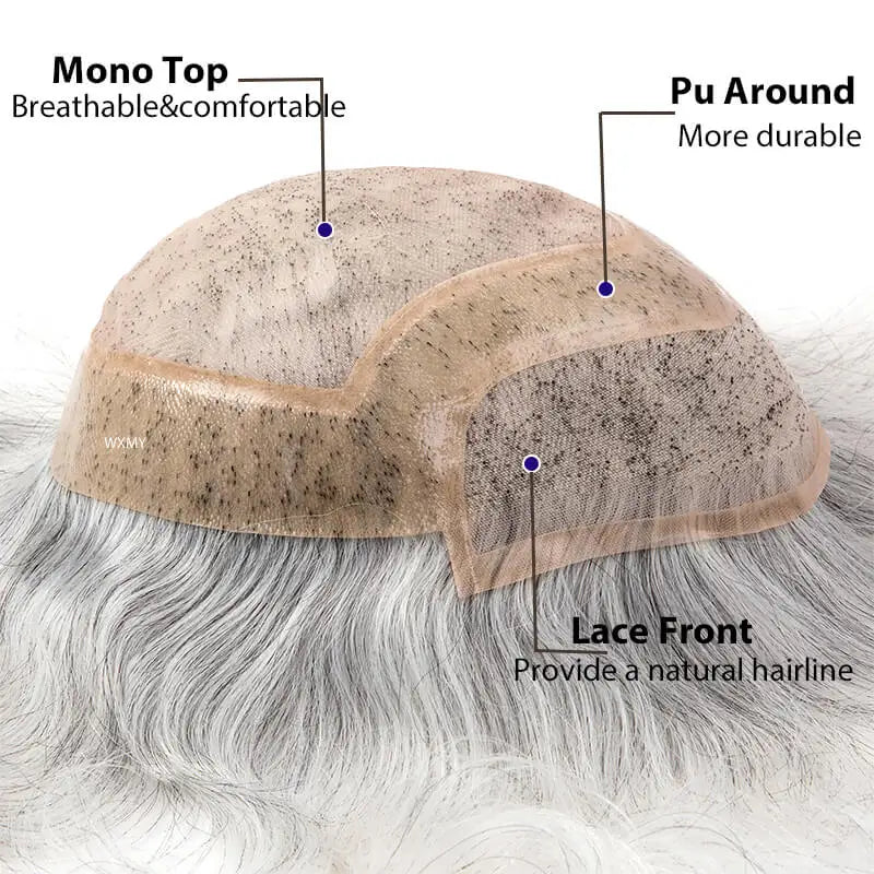 Breathable Mono Lace PU Base Hair Prosthesis Human Men's Wig Systems Natural