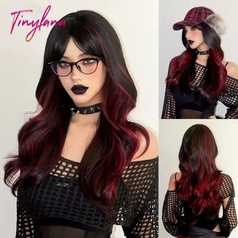 Super Long Black Wavy Synthetic Wigs Bangs Afro Dark Water Wave Halloween