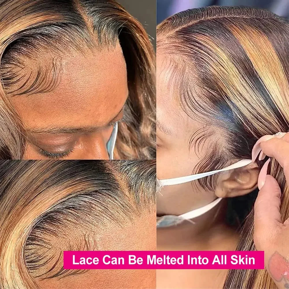 Brazilian Highlight Human Hair Lace Front Wig, Honey Blonde Straight, 13x4 13x6 HD Lace