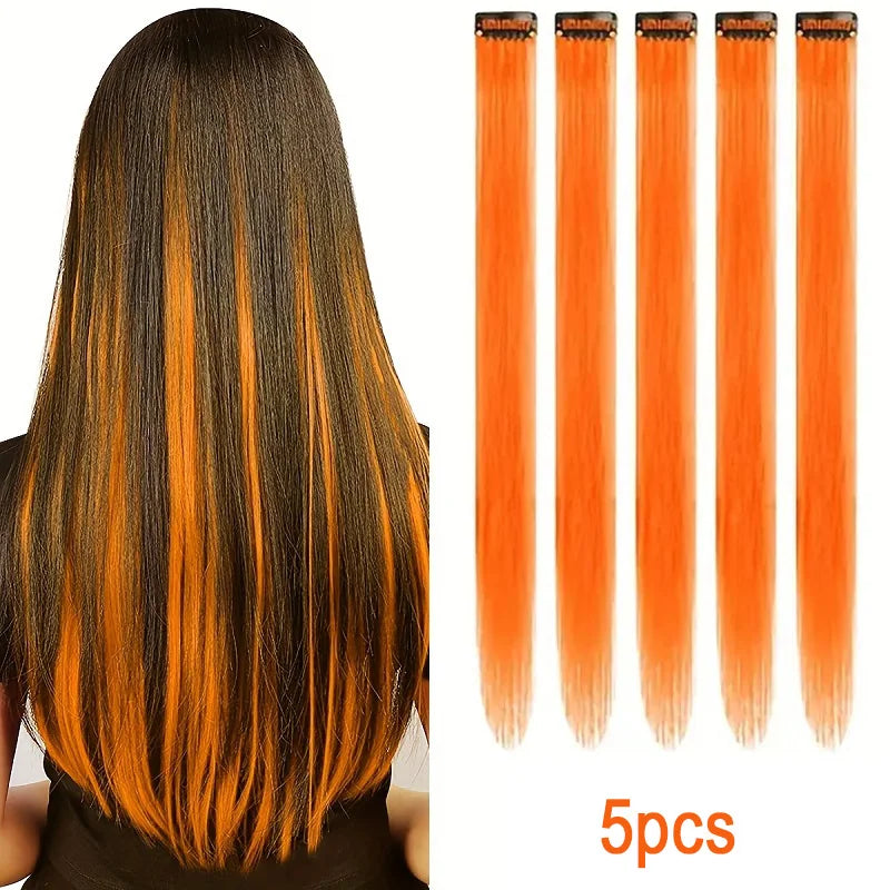 20Inch Synthetic Colorful 5pcs/set Clip Hair Extensions High Temperature Long Straight Hairpieces Daily Party Use