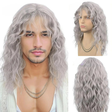 Synthetic Men's Wig Grey Natural Curly Bangs Water Wave Daily Or Cosplay