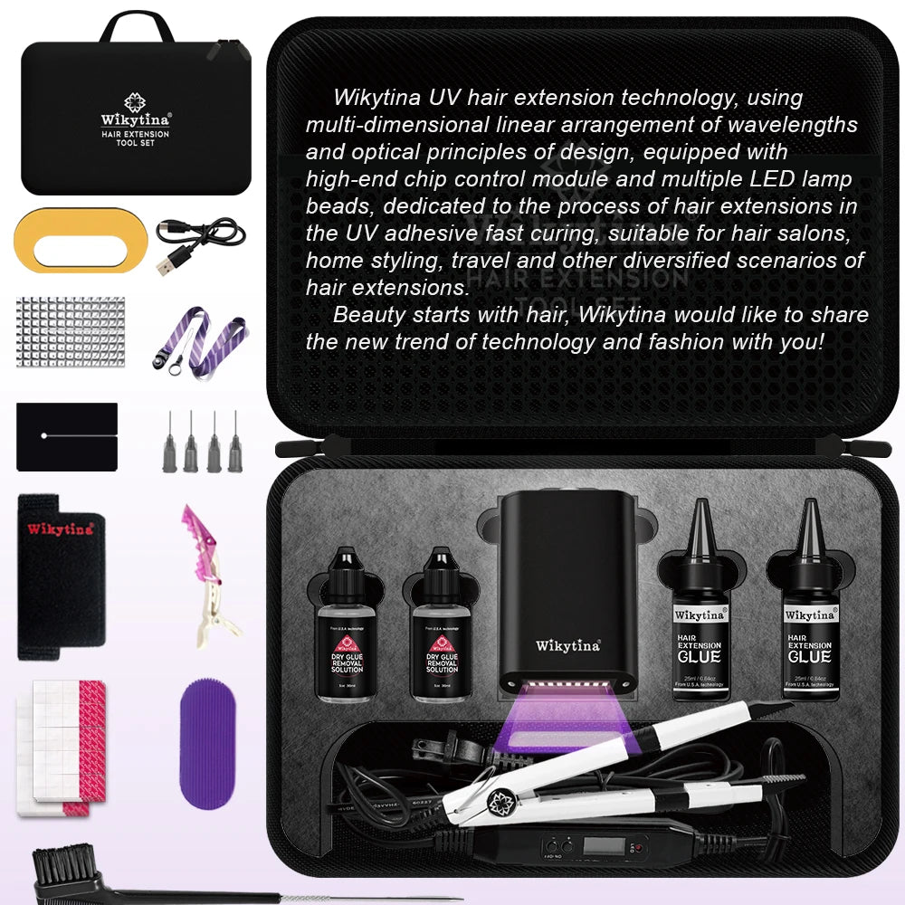 UV Light Hair Extension Machine Combo Salon Kit with Glue Remover Tools, Invisible Bonding