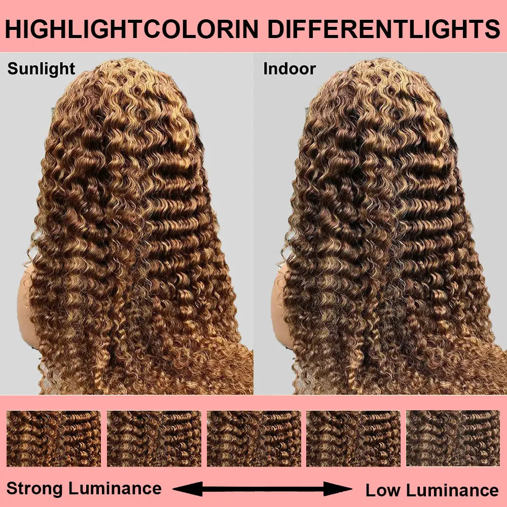 Honey Blonde Curly Wigs, 13x6 Glueless Highlight Human Hair Ready To Wear