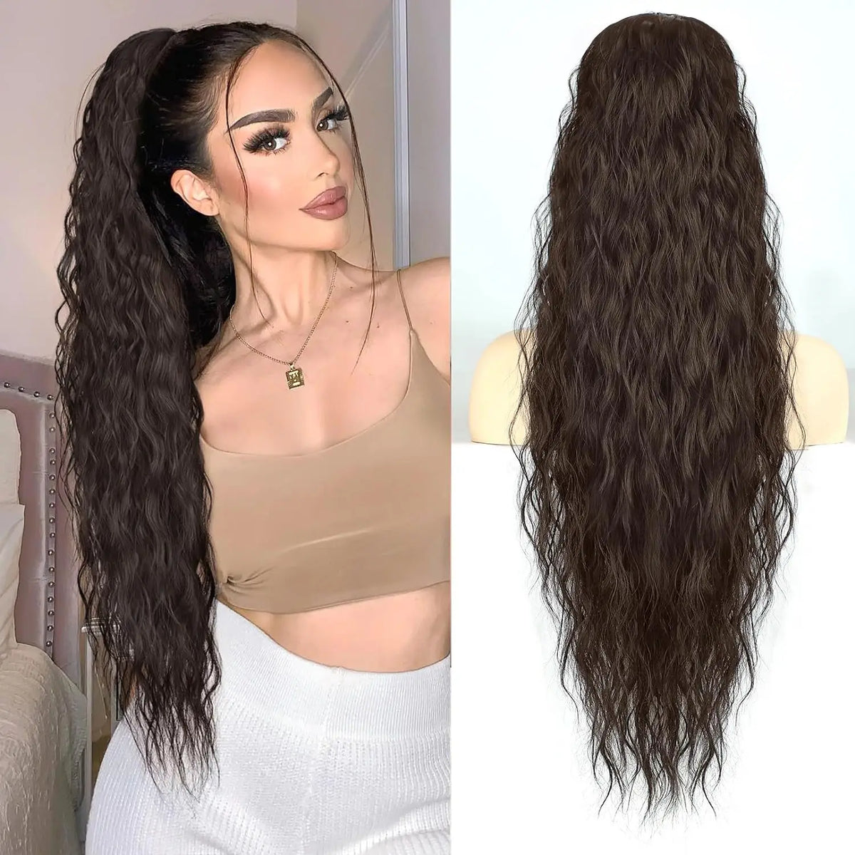 26inch Synthetic Long Curly Wavy Ponytail Extension Drawstring Ponytail Hair Extensions Hairpiece for Party