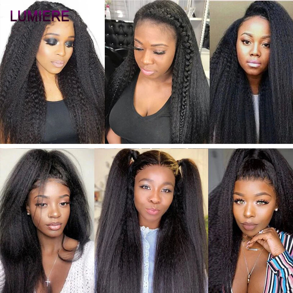 Kinky Yaki Straight Human Hair Bundles Closure Frontal HD Transparent Brazilian Deep