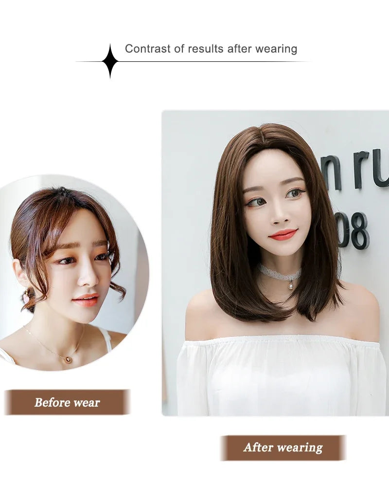 Wigs Short Straight Chocolate Bob Density Synthetic Layered Middle Part Dark Brown