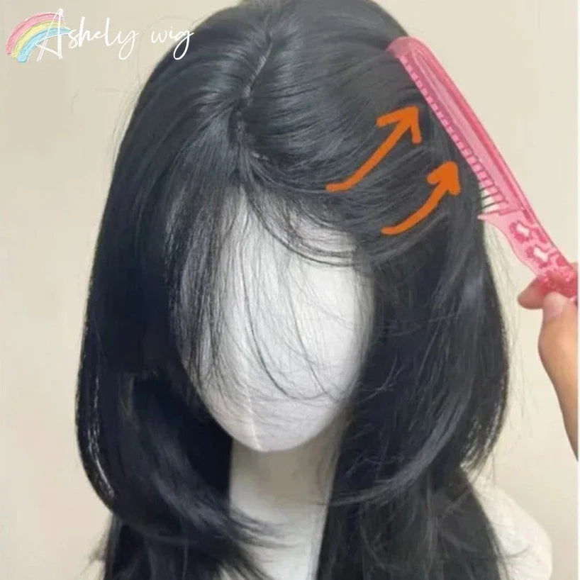 Black Synthetic Headband Wig Body Wavy French Bangs High Quality Simulation Hair