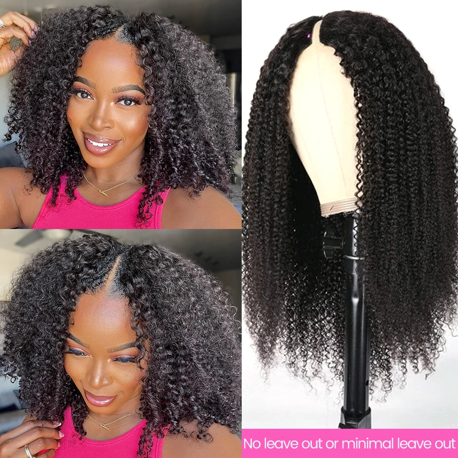 V Part Wig Human Hair Curly No Leave Out Side Mongolian Kinky
