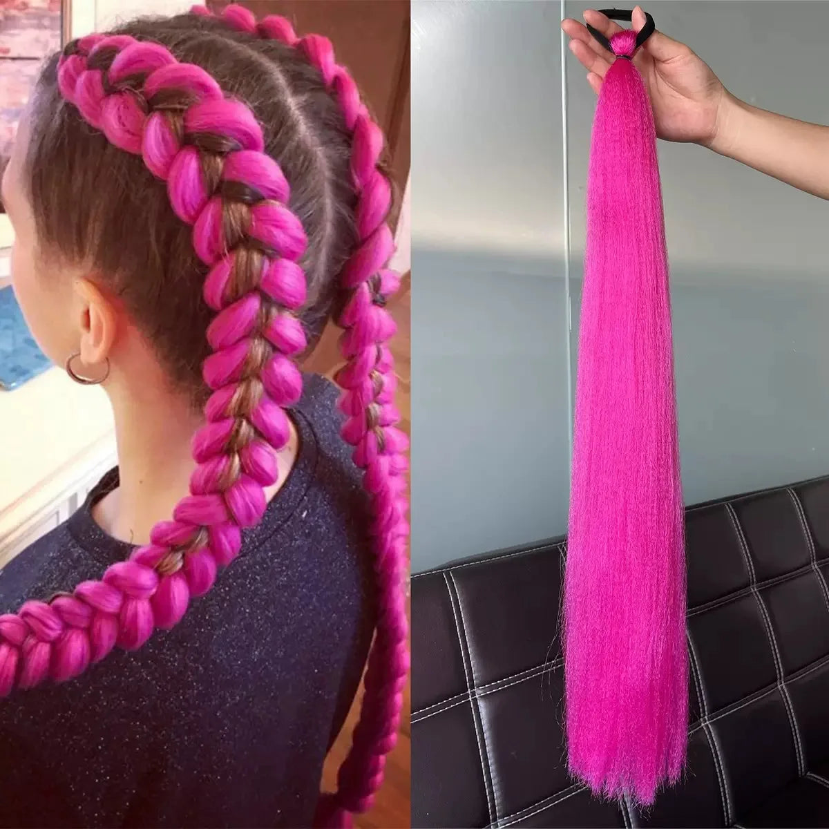 28 Inch Synthetic Long Straight Ponytail, Purple DIY Braided Ponytail with Rubber Band