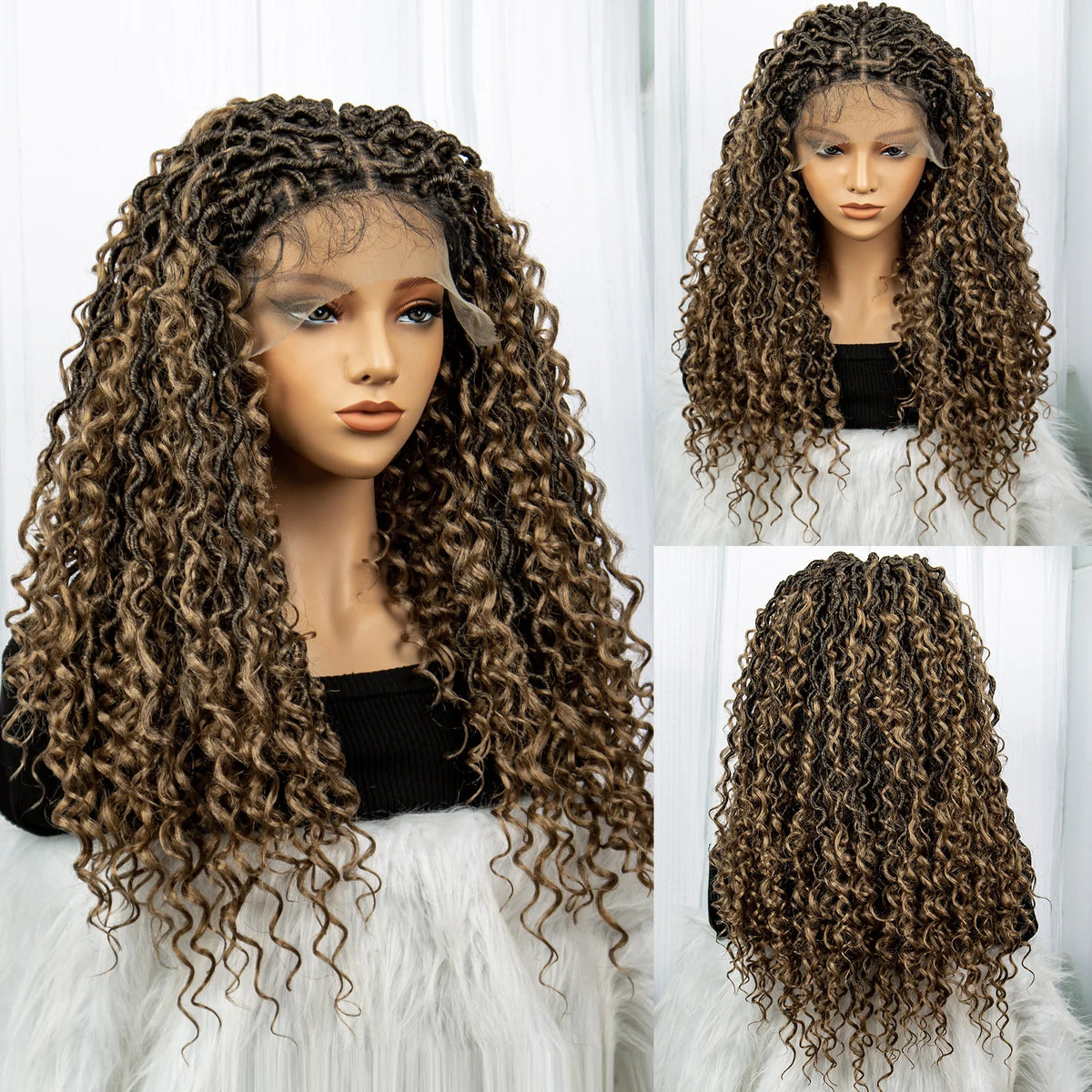 Faux Locs Braided Wigs Synthetic Dreadlock Curly Ends 26inch Lace Front Knotless