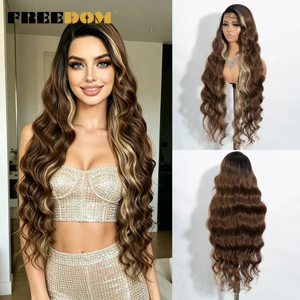 36" Long Wavy Synthetic Lace Front Wigs Ombre Brown Blonde Body Wave