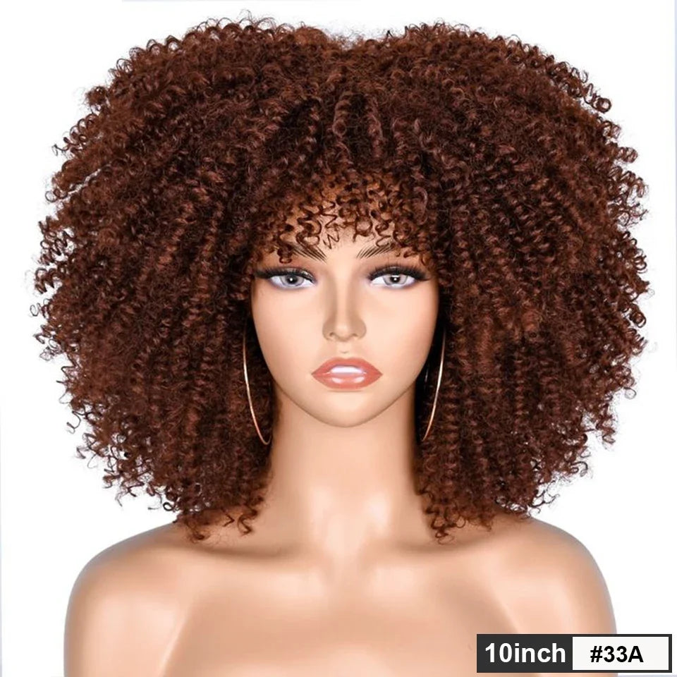 Brazilian Short Curly Human Hair Wig Natural Brown Color Afro Kinky Bangs