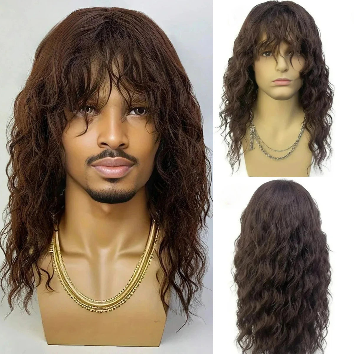Synthetic Men's Wig Grey Natural Curly Bangs Water Wave Daily Or Cosplay