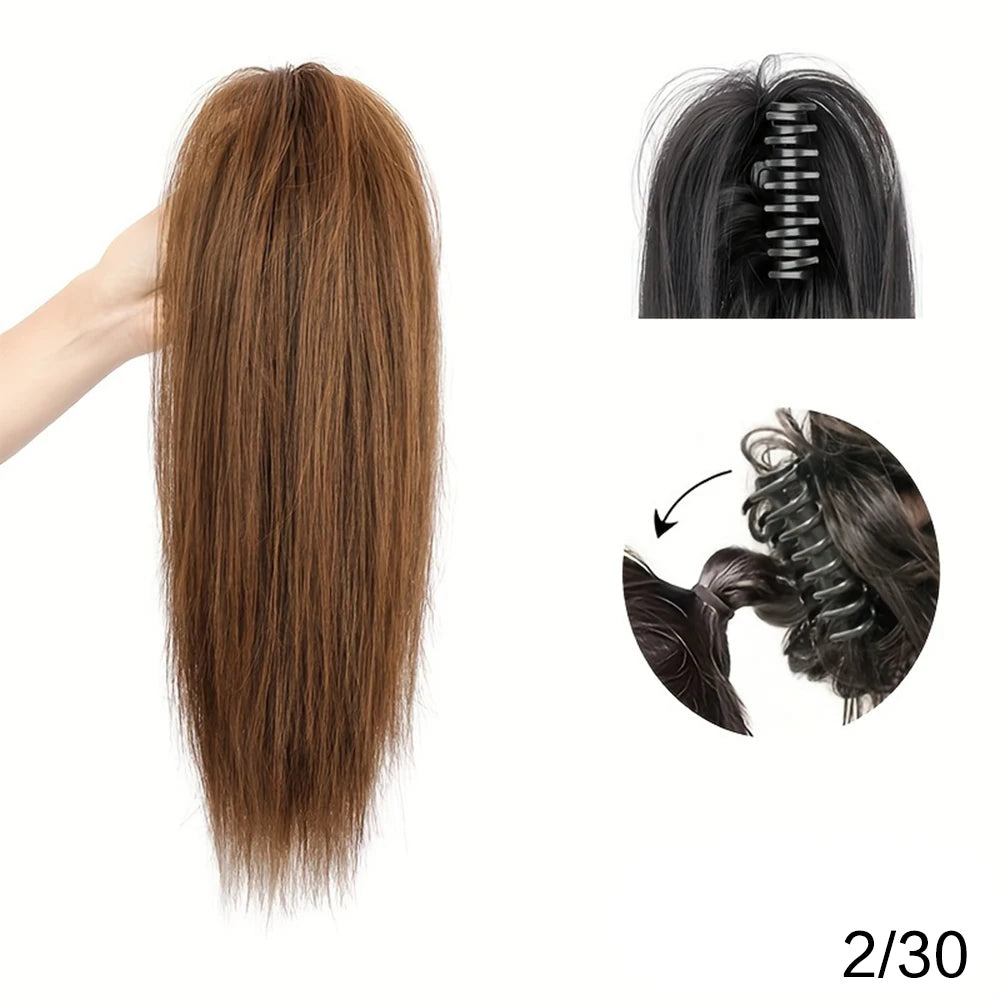 14Inch Synthetic Waterfall Long Straight Black-Brown Claw Clip in Ponytail Extension Everyday Use