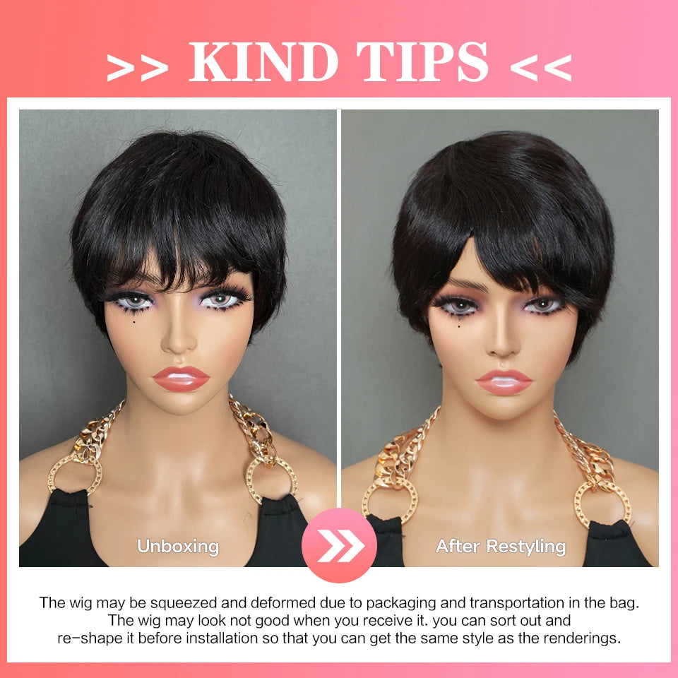 Short Bob Pixie Cut Wigs Straight Human Hair Machine Made Bangs Brazilian